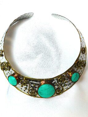 Vintage 1970s Mixed Metal Artisan Choker Necklace Brutalist Boho Torc Collar